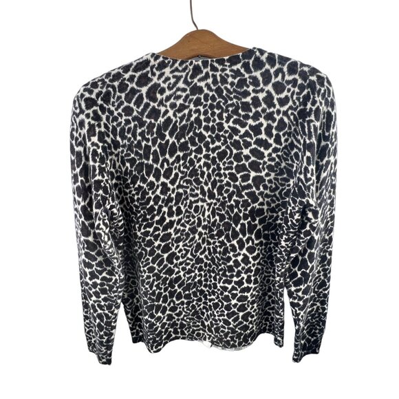 Peck & Peck Cashmere Leopard Cardigan Medium Black White Animal Print Button Up - Picture 2 of 9